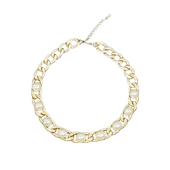 Faux Pearl Bead Gold Tone Link Chain Necklace 16" Chain - Picture 11 of 11